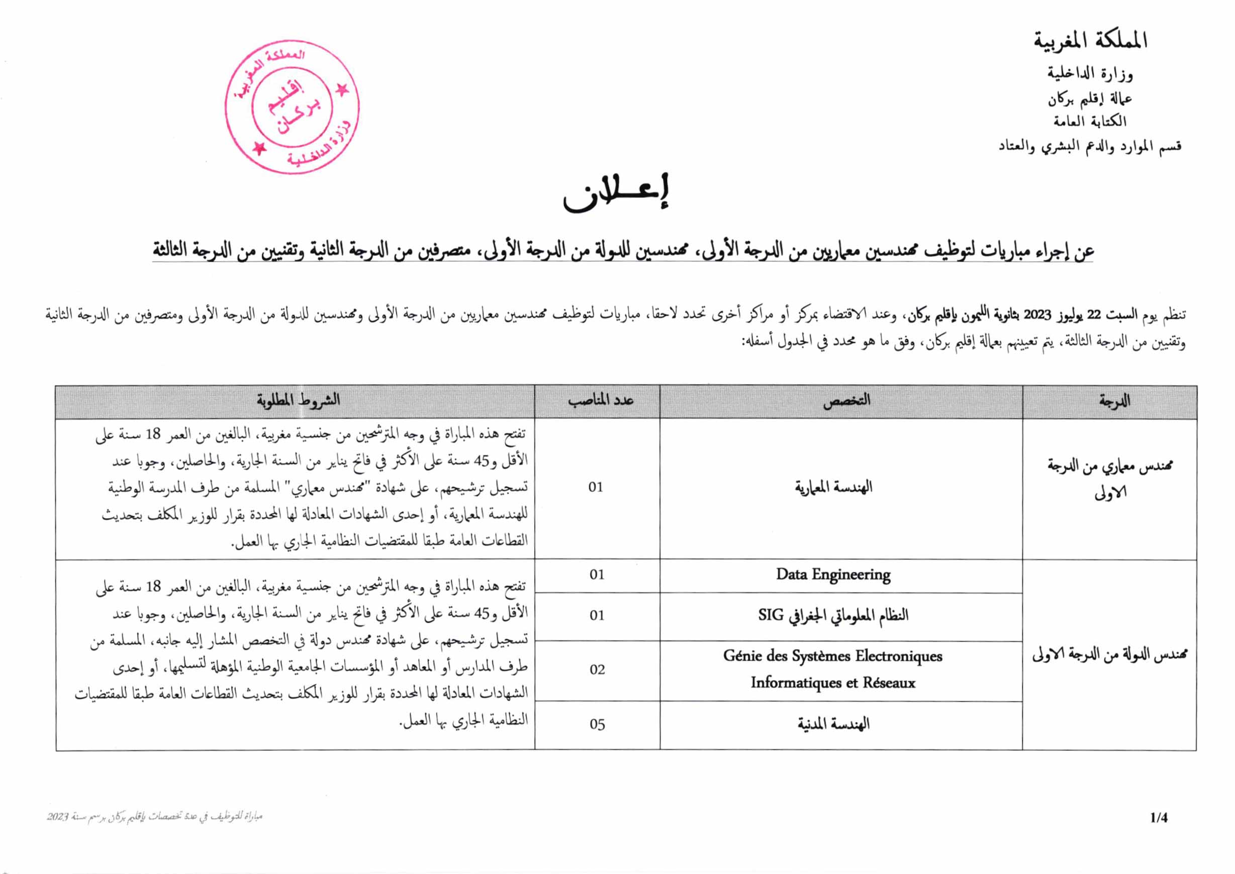 عمالة إقليم بركان مباراة توظيف 2023