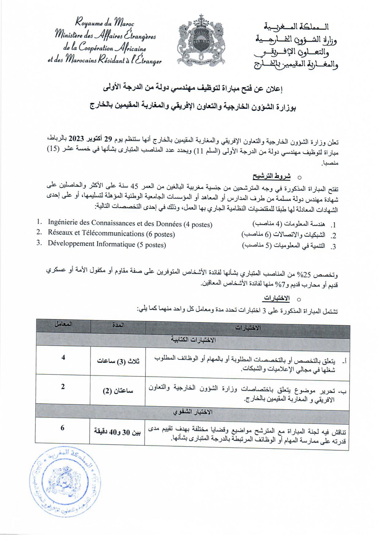 مباراة وزارة الخارجية والتعاون 2023 مباراة توظيف (15) مهندس دولة من الدرجة الأولى