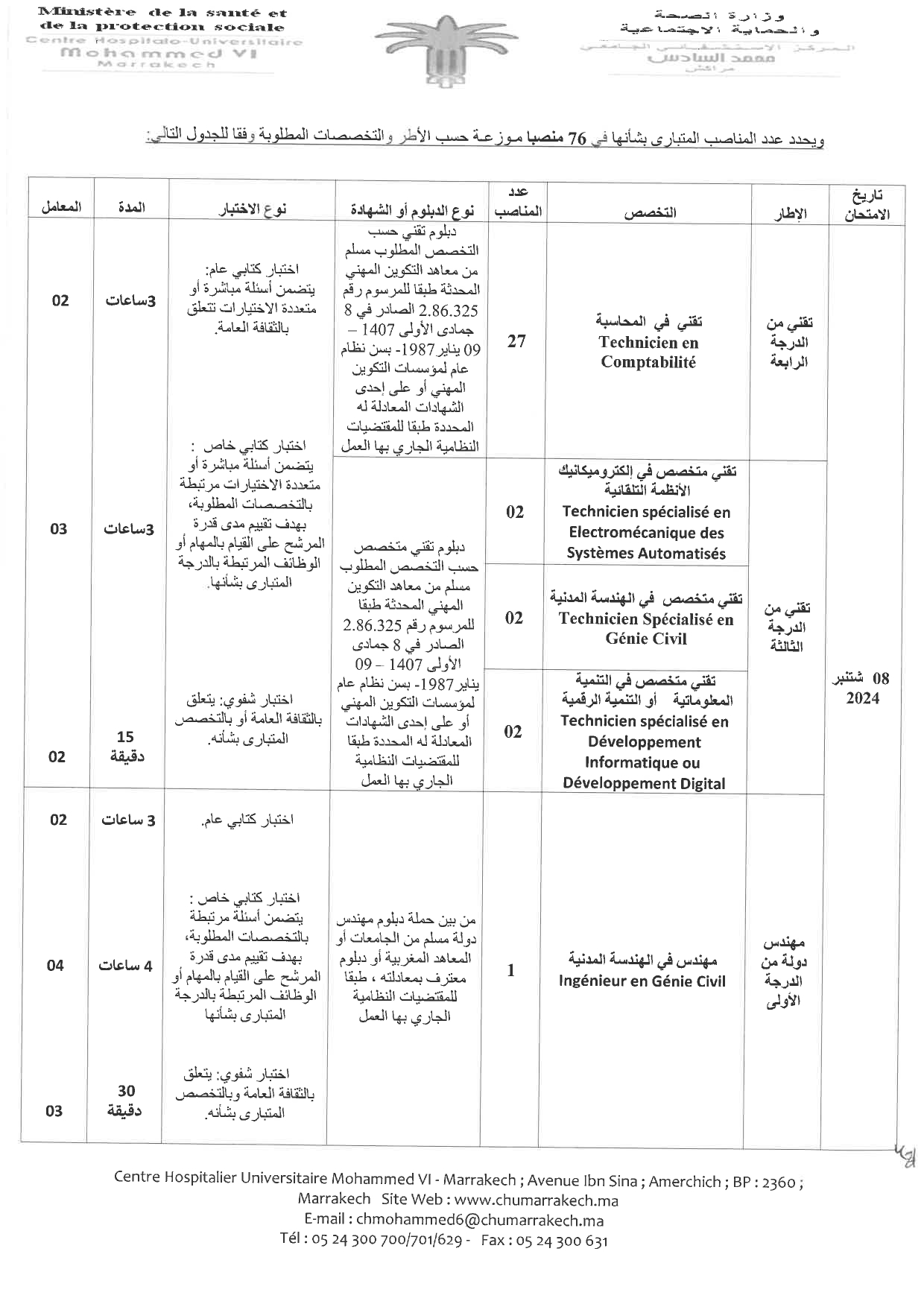 مباراة توظيف 76 منصب بالمركز الاستشفائي محمد السادس مراكش 2024