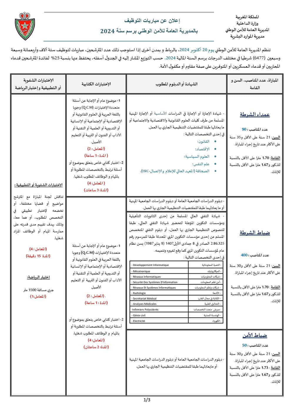 التسجيل في مباراة الأمن الوطني الشرطة 2024