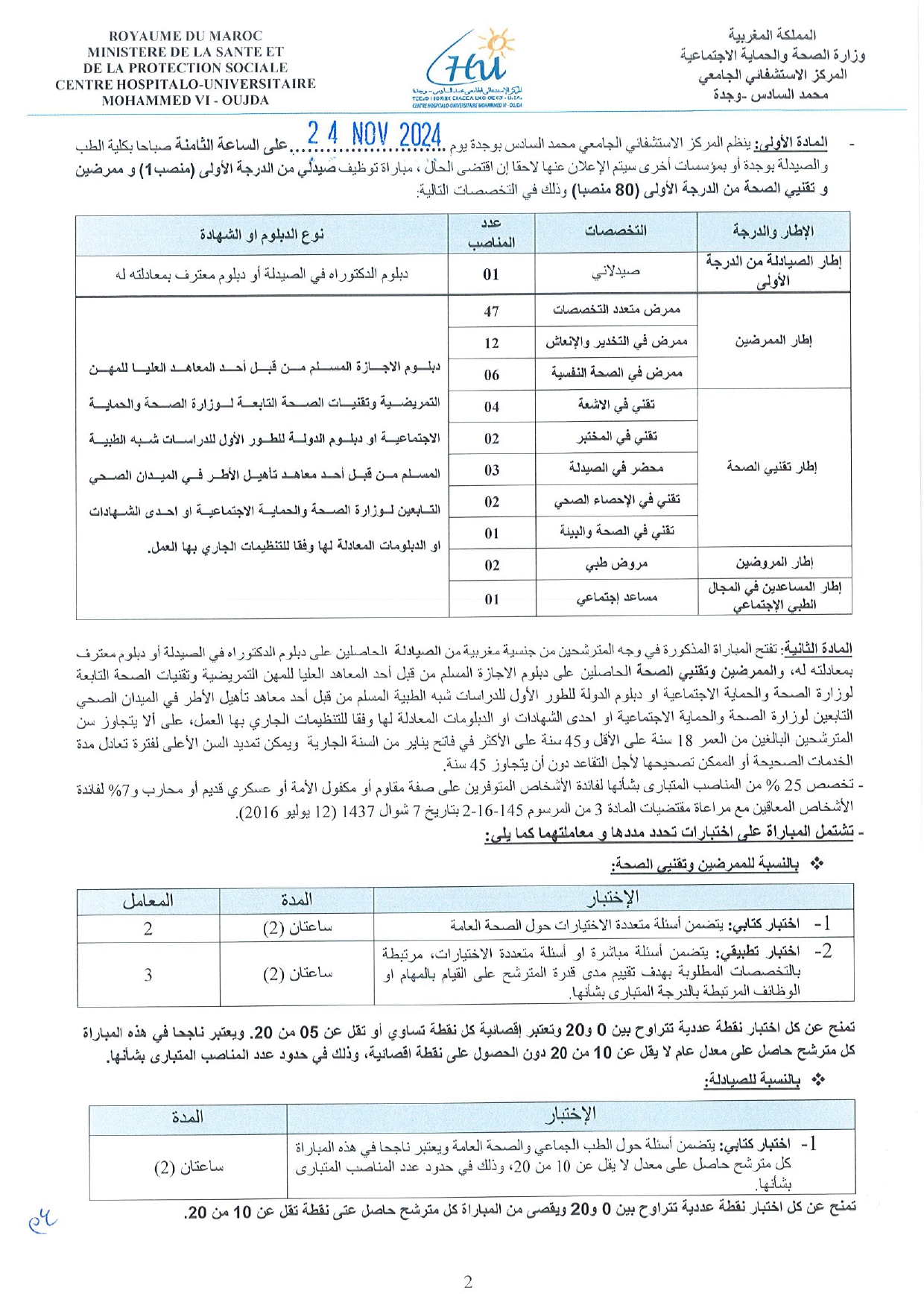 مباراة المركز الاستشفائي محمد السادس بوجدة 2024 (80 منصب)