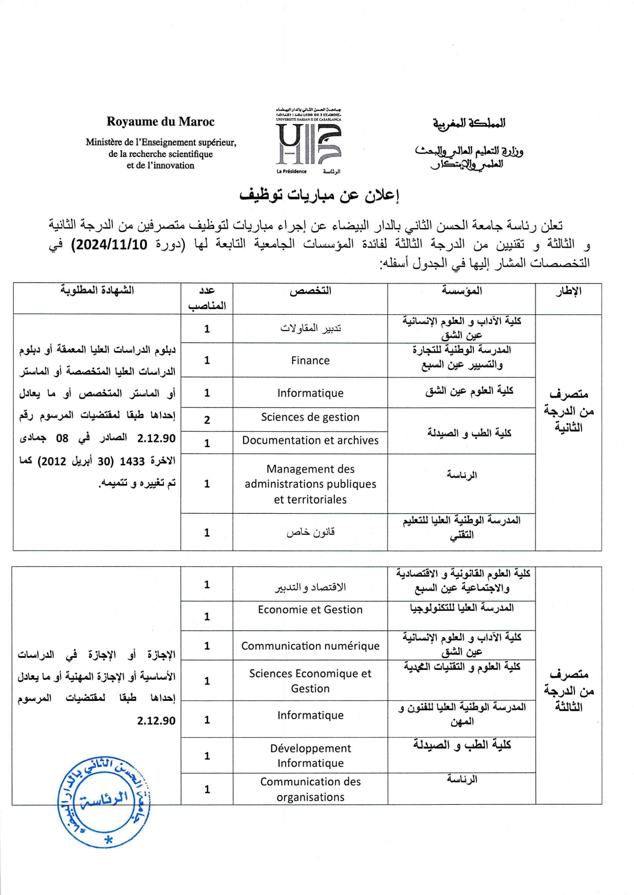 مباراة توظيف 26 منصب بجامعة الحسن الثاني 2024