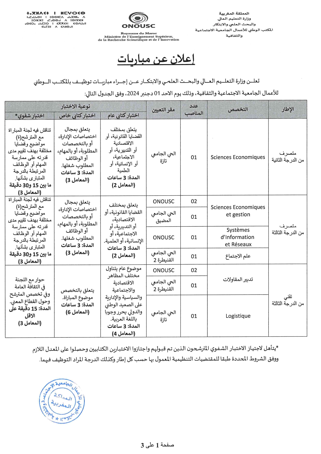 مباراة المكتب الوطني للأعمال الجامعية الاجتماعية والثقافية 2024 (10 مناصب) Concours de Recrutement ONOUSC