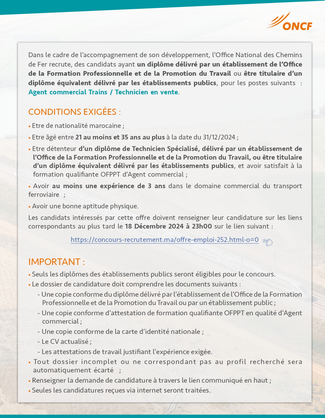 Concours ONCF 2024 Agent Commercial (42 postes)