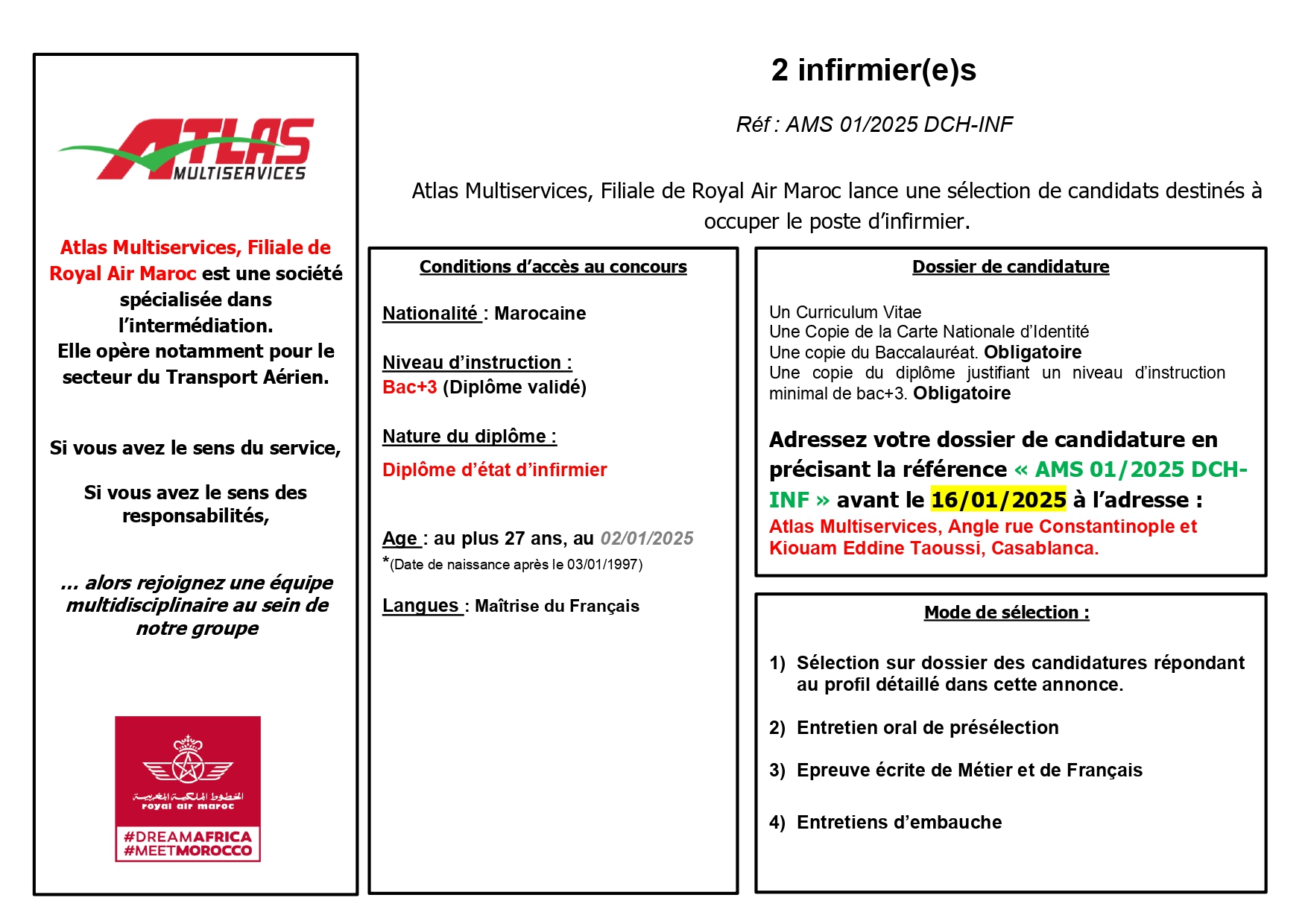 Atlas Multiservices recrute: 2 Infirmier(e)s (H/F)